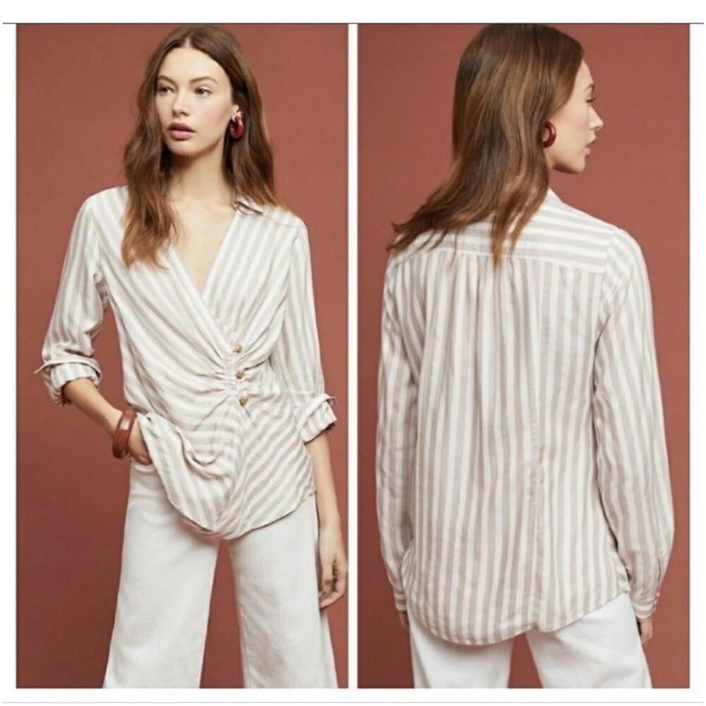 Maeve Anthropologie Women Blouse Stripe Button Asymmetrical Size 2